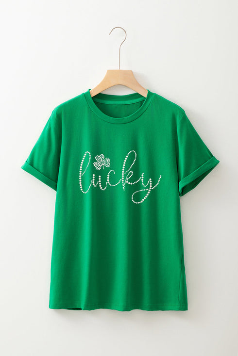 Rhinestone Embellished Lucky Clover Graphic Short Sleeve Tee