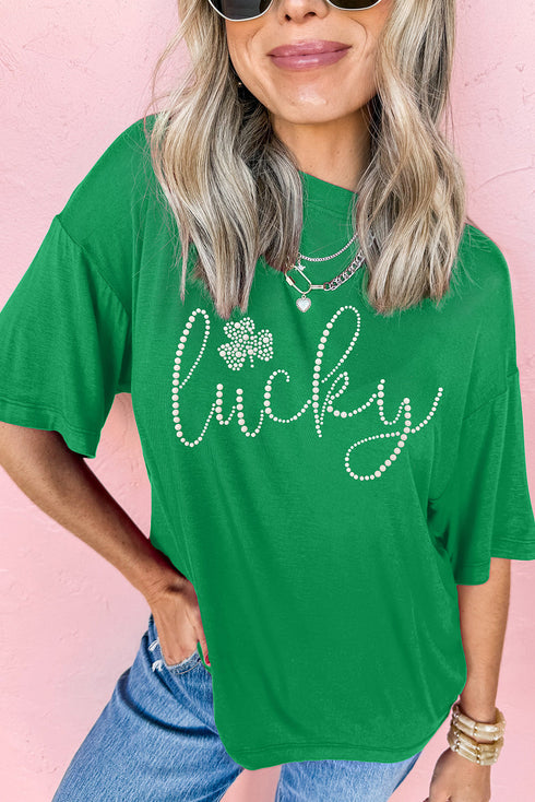 Rhinestone Embellished Lucky Clover Graphic Short Sleeve Tee