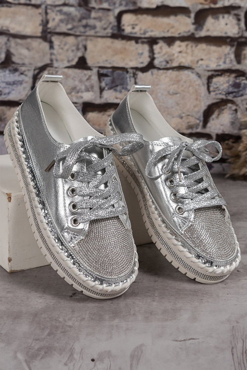 Rhinestone Embellished Metallic Sheen Lace Up Low Top Sneakers