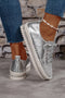 Rhinestone Embellished Metallic Sheen Lace Up Low Top Sneakers