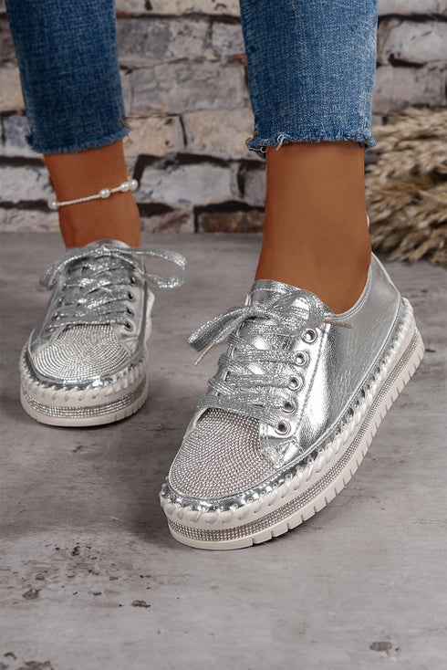 Rhinestone Embellished Metallic Sheen Lace Up Low Top Sneakers