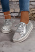 Rhinestone Embellished Metallic Sheen Lace Up Low Top Sneakers