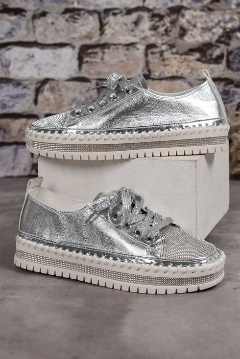Rhinestone Embellished Metallic Sheen Lace Up Low Top Sneakers