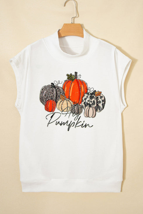 Rhinestone Embellished Pumpkin Graphic High Neck Cap Sleeve Tank Top