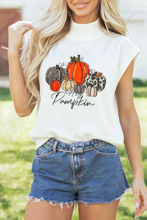 Rhinestone Embellished Pumpkin Graphic High Neck Cap Sleeve Tank Top
