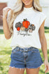 Rhinestone Embellished Pumpkin Graphic High Neck Cap Sleeve Tank Top