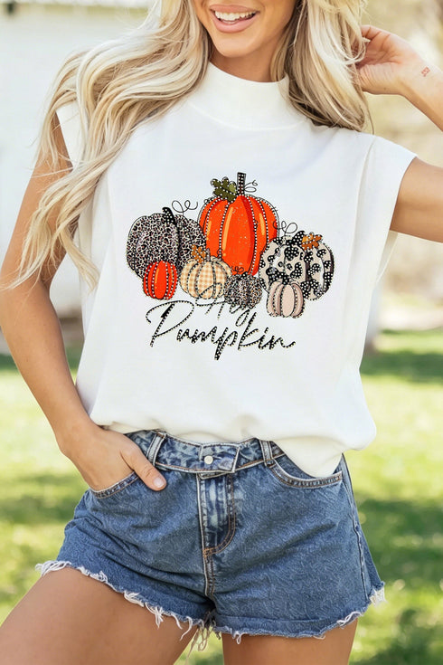 Rhinestone Embellished Pumpkin Graphic High Neck Cap Sleeve Tank Top