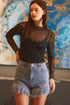 Rhinestone Embellished Sheer Mesh Long Sleeve Slim Top
