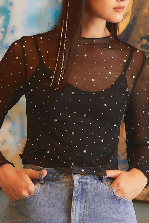 Rhinestone Embellished Sheer Mesh Long Sleeve Slim Top