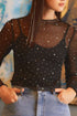Rhinestone Embellished Sheer Mesh Long Sleeve Slim Top
