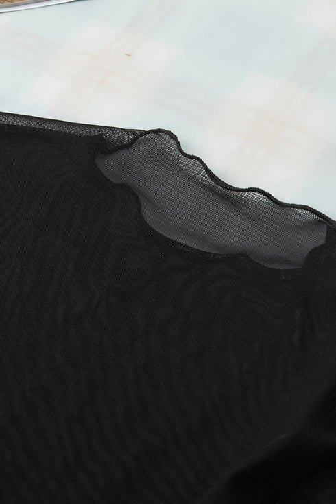 Rhinestone Embellished Sheer Mesh Long Sleeve Slim Top