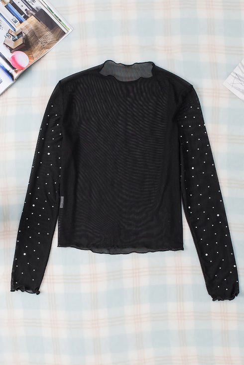 Rhinestone Embellished Sheer Mesh Long Sleeve Slim Top