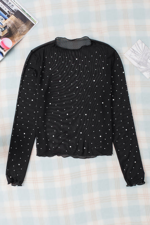 Rhinestone Embellished Sheer Mesh Long Sleeve Slim Top