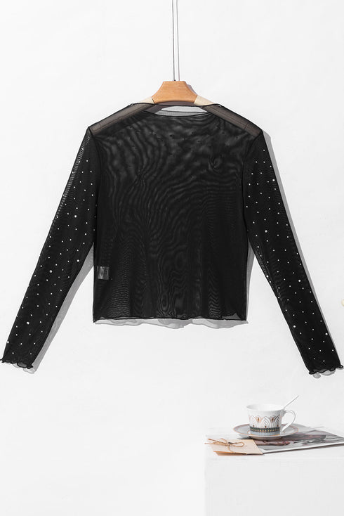 Rhinestone Embellished Sheer Mesh Long Sleeve Slim Top