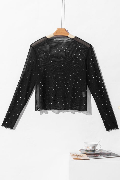 Rhinestone Embellished Sheer Mesh Long Sleeve Slim Top