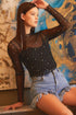 Rhinestone Embellished Sheer Mesh Long Sleeve Slim Top