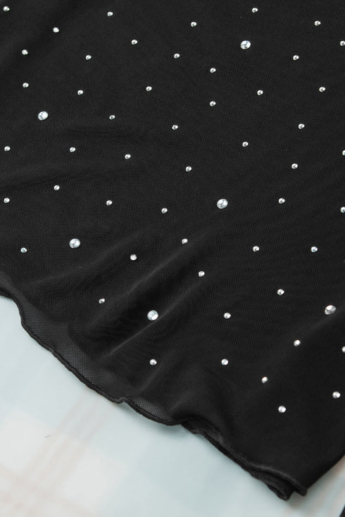 Rhinestone Embellished Sheer Mesh Long Sleeve Slim Top