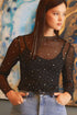 Rhinestone Embellished Sheer Mesh Long Sleeve Slim Top