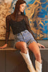 Rhinestone Embellished Sheer Mesh Long Sleeve Slim Top