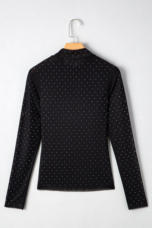 Rhinestone Embellished Sheer Mesh Long Sleeve Top