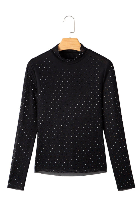 Rhinestone Embellished Sheer Mesh Long Sleeve Top