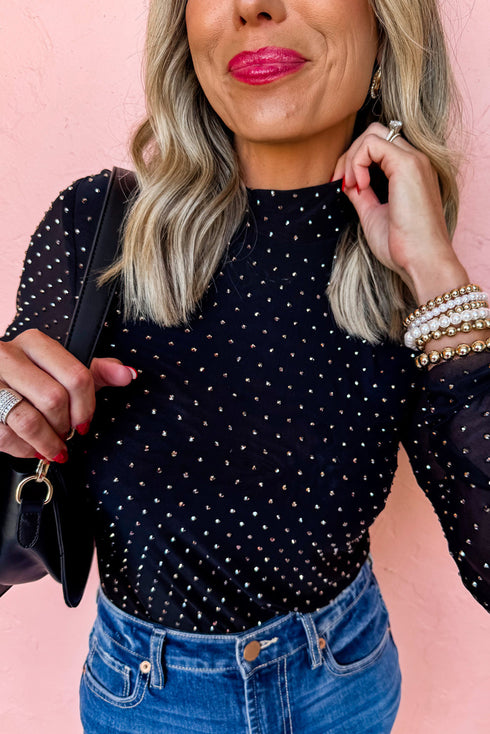 Rhinestone Embellished Sheer Mesh Long Sleeve Top