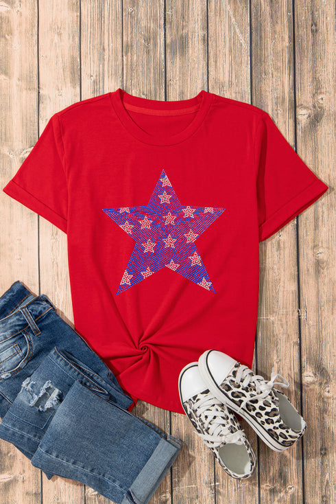 Rhinestone Embellished Star Pattern Short Sleeve Graphic Tee