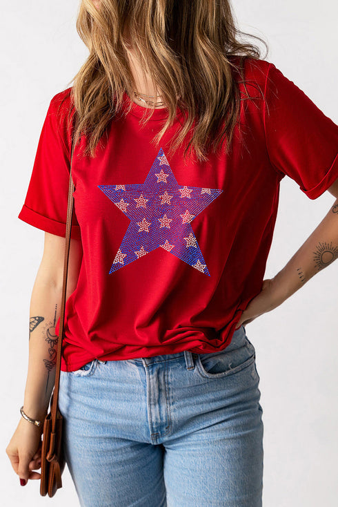 Rhinestone Embellished Star Pattern Short Sleeve Graphic Tee