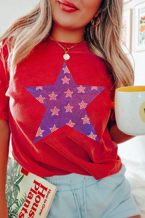 Rhinestone Embellished Star Pattern Short Sleeve Graphic Tee
