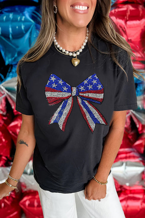 Rhinestone Embellished Stars And Stripes Bow Graphic T Shirt