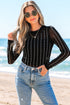 Rhinestone Embellished Striped Sheer Mesh Long Sleeve Bodysuit