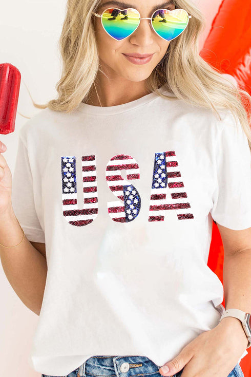 Rhinestone Embellished USA Graphic Short Sleeve Tee