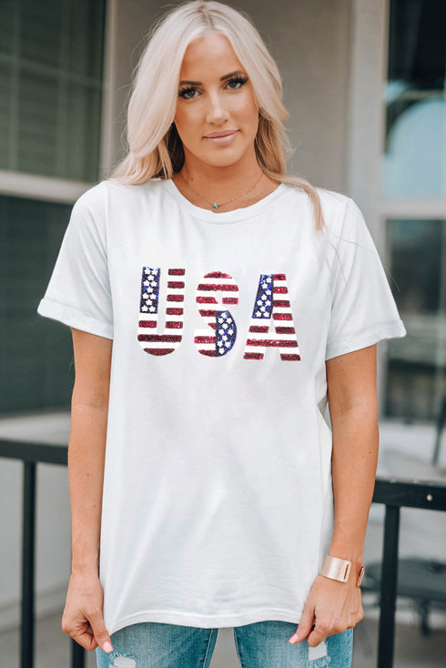 Rhinestone Embellished USA Graphic Short Sleeve Tee