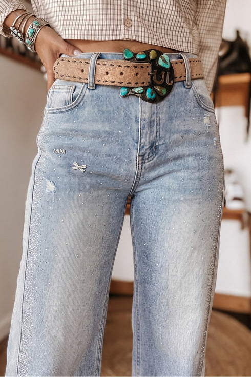 Rhinestone Embellished Western Ripped Cotton Shift Fit Denim Jeans