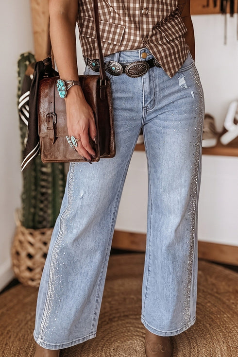 Rhinestone Embellished Western Ripped Cotton Shift Fit Denim Jeans