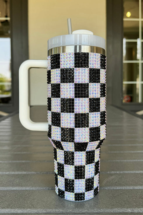 Rhinestone Encrusted Checkered Pattern Handled Tumbler