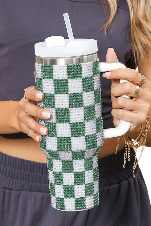 Rhinestone Encrusted Checkered Pattern Handled Tumbler