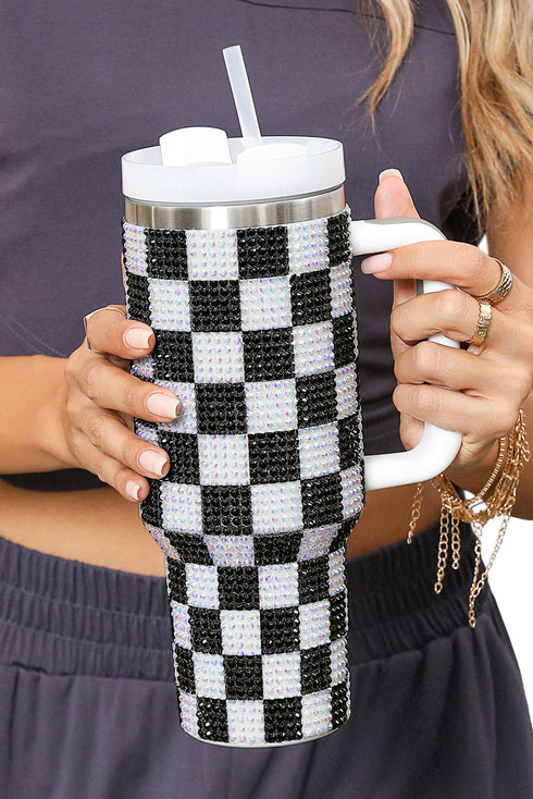 Rhinestone Encrusted Checkered Pattern Handled Tumbler