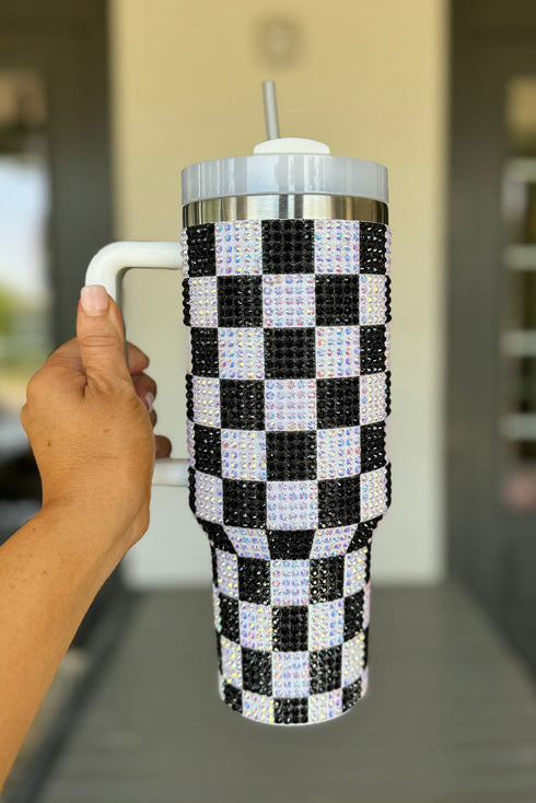 Rhinestone Encrusted Checkered Pattern Handled Tumbler
