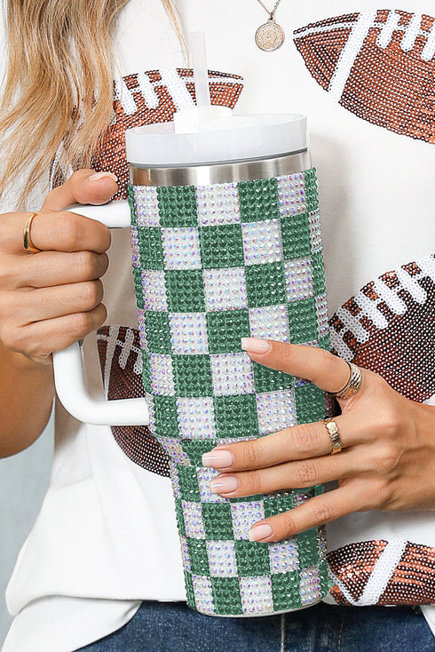 Rhinestone Encrusted Checkered Pattern Handled Tumbler