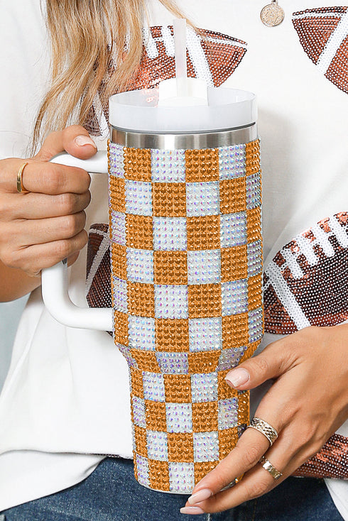 Rhinestone Encrusted Checkered Pattern Handled Tumbler