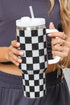 Rhinestone Encrusted Checkered Pattern Handled Tumbler