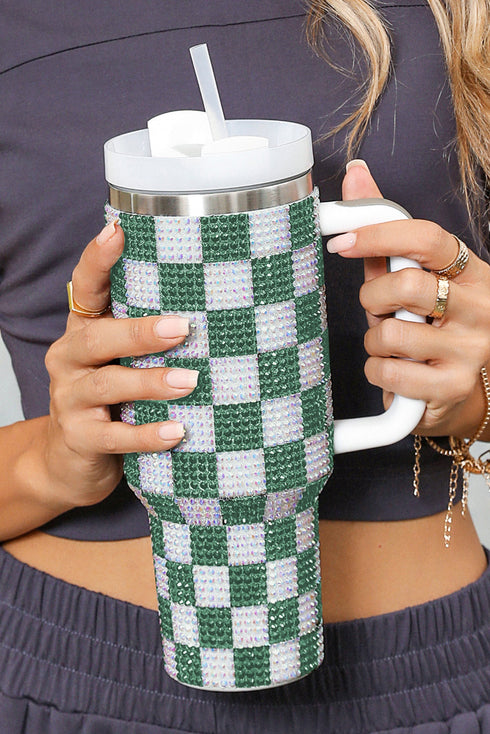 Rhinestone Encrusted Checkered Pattern Handled Tumbler