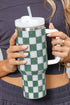 Rhinestone Encrusted Checkered Pattern Handled Tumbler