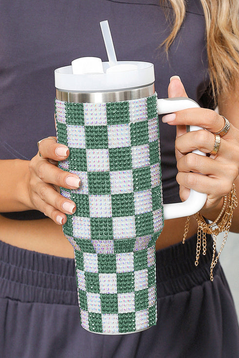 Rhinestone Encrusted Checkered Pattern Handled Tumbler