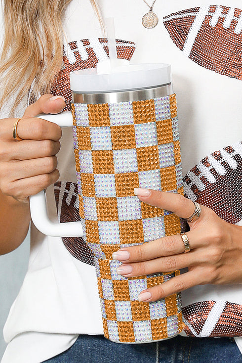 Rhinestone Encrusted Checkered Pattern Handled Tumbler