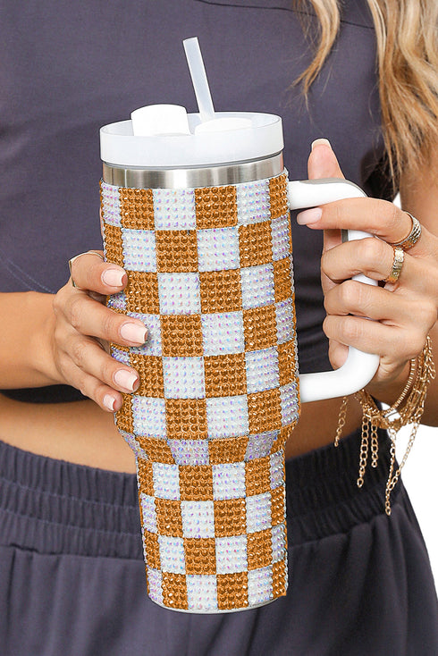 Rhinestone Encrusted Checkered Pattern Handled Tumbler
