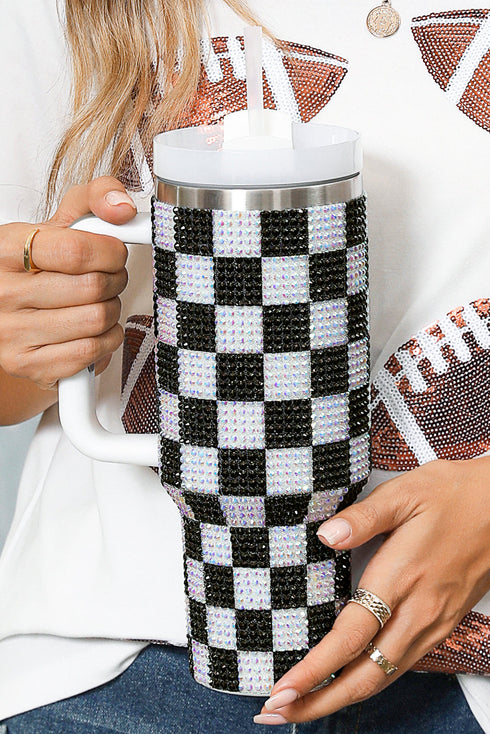 Rhinestone Encrusted Checkered Pattern Handled Tumbler