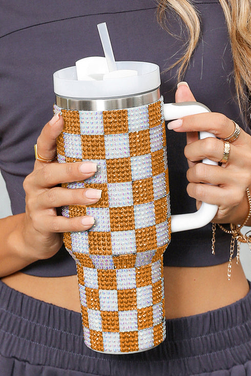 Rhinestone Encrusted Checkered Pattern Handled Tumbler