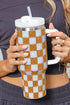 Rhinestone Encrusted Checkered Pattern Handled Tumbler